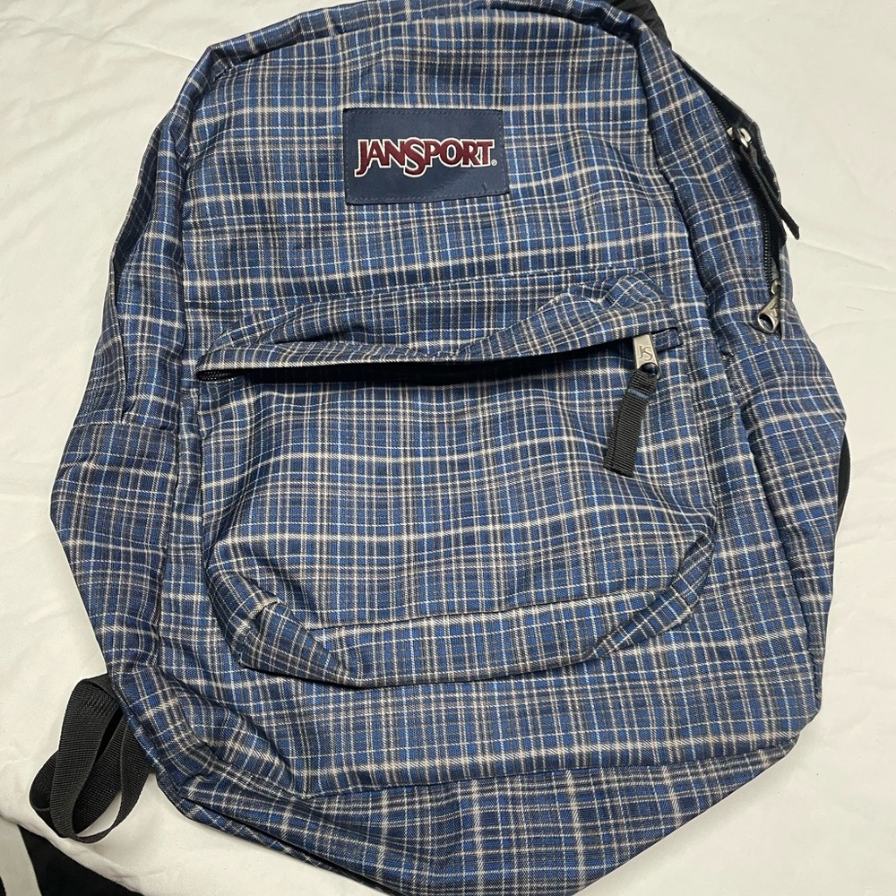 JanSport Blue Backpack with Plaid Design